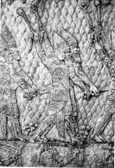 아시리아 전사들이 기원전 7세기에 센나케리브 궁전에서 가져온 투석기를 장비하고 있다.