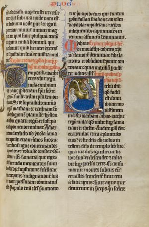 1270년경의 이 성경에서, 첫 글자 V는 미가서를 소개한다. 문자 안의 장면은 미가 선지자가 침대에 누워 있고, 천사가 손을 들어올려 말하는 모습으로, 두루마리로 표현된 "여호와의 말씀"을 전달하는 장면을 묘사한다.