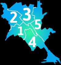 키시너우의 행정 구역: 1-센트루, 2-부이우카니, 3-르슈카니, 4-보타니카, 5-초카나