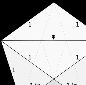 굵은 마름모(밝은 회색), 예각 로빈슨 삼각형 2개(중간 회색), 작은 둔각 로빈슨 삼각형(어두운 회색)이 내접한 정오각형. 점선은 카이트와 다트의 모서리를 나타낸다.