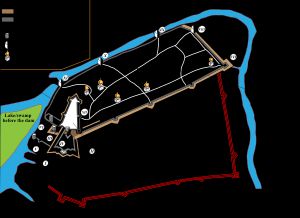 1678년 포위 직전 치히린 요새의 지도I - 신성(New Castle) 중앙 보루II - 도로셴코의 보루("던전")III - 크림 타워가 있는 보루IV - 앞에 나무 탑과 이중 라블린이 있는 스파스키 문V - 돌 기초 위에 있는 나무 탑, "뉴 고트 혼"VI - 탑과 우물VII - 돌 모서리 보루VIII - 돌 둥근 탑IX - 다리로 가는 문이 있는 키예프 타워X - 무명 타워 (1678년에 건설됨)XI - 코르순 또는 밀 타워XII - 하위 마을로 가는 문