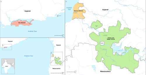다드라 나가르하벨리와 다만 디우의 지도. 세 개의 구와 인도 내에서의 일반적인 위치를 보여준다.