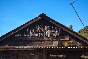과거 나가족의 풍습을 보여주는 시골집 입구의 두개골 장식