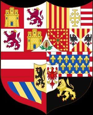 카를 1세의 문장, 스페인 영토(상단)와 다른 유럽 영토(하단)를 나타냄