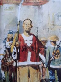 1900년에 요하네스 쿡쿡(Johannes Hermanus Barend Koekkoek)이 그린 의화단원의 모습.