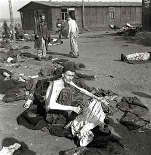 영국군에 의해 베르겐-벨젠이 해방된 후 촬영된, 굶주림으로 살아있는 해골이 된 생존자