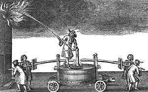 1666년의 런던 대화재 때 사용된 것으로 보이는 손으로 밀어 펌프차