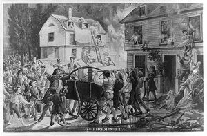 1776년경의 미국의 소방 활동을 그리고 있는 것으로 보이는 그림. 소방 펌프에 물의 공급은 양동이 릴레이로 하고 있지만, 방수 자체는 호스를 통해 행해지는 모습이 그려져 있다.