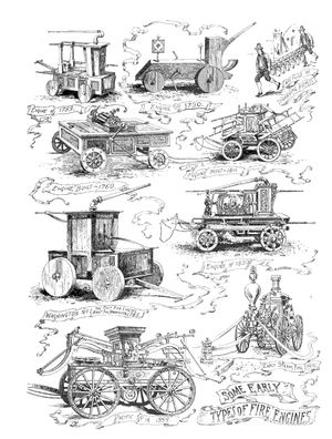 1730년대부터 1790년대에 걸쳐 미국에서 다양한 형태로 개량된 인력 소방 펌프차의 그림.