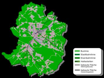 빌레펠트 대중교통망. 검은 선은 철도, 파란 선은 시립 경전철, 흰 선은 버스 노선. 빨간 점은 역과 정류장을 나타낸다.
