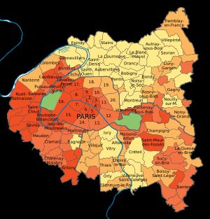 파리와 인근 지역의 중간 소득 (2018년). 높은 소득은 빨간색, 낮은 소득은 노란색
