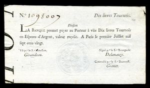 라 방크 로얄이 발행한 10리브르 투르누아 지폐(1720)