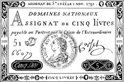 1791년 11월 발행된 5 리브르 지폐, 초상은 루이 16세