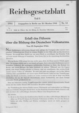 국민돌격대(Volkssturm) 창설에 관한 법령 공포, 1944년 10월 20일, 첫 페이지