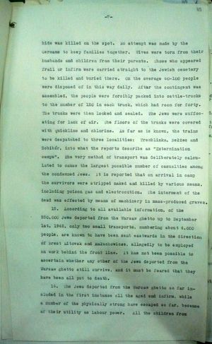 트레블링카, 벨제츠, 소비보르 절멸 수용소가 식별된 "라친스키의 메모"의 페이지 7 - 1942년 12월 10일 폴란드 망명 정부가 앤서니 이든에게 보낸 공식 메모의 일부.