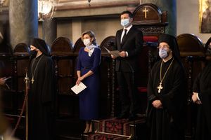 2020년 10월 16일 이스탄불에서 열린 동방 정교회 기도회에 참석한 볼로디미르 젤렌스키와 올레나 젤렌스카