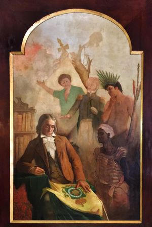 브라질 조국의 건설, 1899년의 풍자화로, 조제 보니파시오 드 안드라다 이 실바, 브라질 제국 국기와 브라질의 세 주요 민족 집단을 묘사한다.