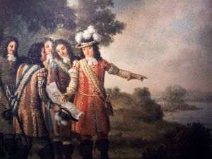 스웨덴 국왕 칼 11세가 "칼스-크로오나"의 위치를 가리키는 그림.