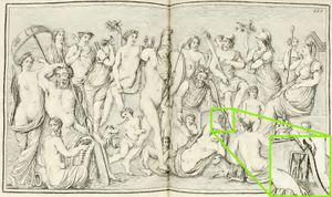 펠레우스와 테티스의 결혼을 묘사한 석관 (기원전 350년경), 모르페우스가 손에 들고 있는 물건(모래시계)을 확대한 모습