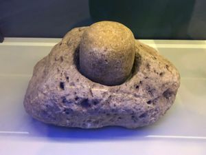 옥수수와 곡물을 갈 때 사용한 돌 절구와 절구공이, 서기 900–1300년, 뉴멕시코주 카트론 카운티의 Spurgeon Draw 유적.