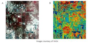 솔트레이크시티의 이미지는 흰색 반사 지붕과 더 낮은 온도 사이의 양의 상관 관계를 보여준다. 이미지 A는 유타 주 솔트레이크시티의 항공 사진으로, 865,000평방피트의 흰색 반사 지붕이 있는 곳을 보여준다. 이미지 B는 동일 지역의 열 적외선 이미지로, 뜨거운 지점(빨간색과 노란색)과 차가운 지점(녹색과 파란색)을 보여준다. 태양 복사를 흡수하지 않는 반사 비닐 지붕은 다른 뜨거운 지점으로 둘러싸인 파란색으로 표시된다.