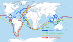 오늘날 세계 지도에 묘사된 윌리엄 댐피어의 항해