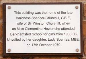 The building was the home of the late Baroness Spencer-Churchill, GBE, wife of Sir Winston Churchill, when as Miss Clementine Hozier she attended Berkhamsted School for Girls from 1900–03. Unveiled by her daughter, Lady Soames MBE, on 17 October 1979