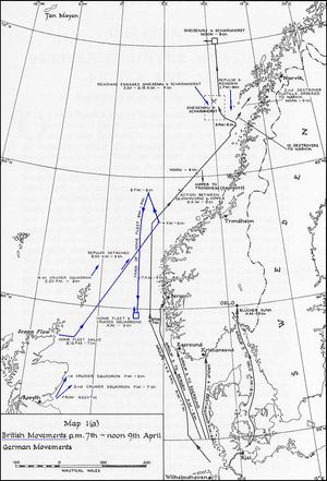4월 7-9일 사이 독일 해군과 영국 해군의 이동을 표시한 지도.