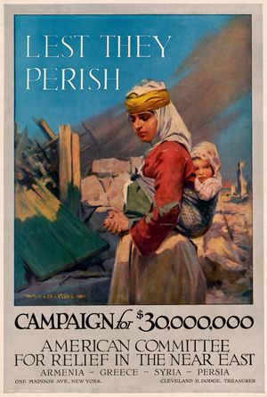 구호 활동을 통해 제공된 식량에 둘러싸인 아이를 안고 있는 단정하게 옷을 입은 여성. 캡션은 "그들이 죽지 않도록"이라고 적혀 있습니다.