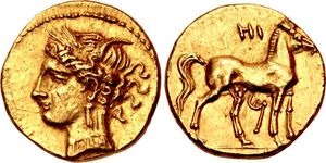 카르타고의 하프 세켈. 폴리비우스가 언급한 동전일 가능성이 높으며, 그는 기원전 241년 함밀카르의 용병들이 시칠리아에서 돌아왔을 때 첫 번째 지불로 금화를 받았다고 말한다.