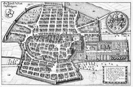 1634년에 출판된 마테우스 메리안의 동판화에 그려진 슈투트가르트 지도. 남동쪽에서 본 모습이다. 중앙의 둥근 성벽으로 둘러싸인 곳이 슈투트가르트 본체, 앞뒤로 격자형으로 거리가 배치된 곳은 포어슈타트이다. 앞쪽이 에슬링거 포어슈타트, 뒤쪽이 오베레 포어슈타트이다.