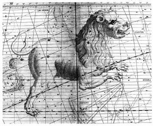 존 플램스티드의 천구도감에 수록된 사자자리. 레굴루스는 사자의 가슴 부분에 'α'로 표기되어 있다.