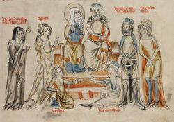 헨리크 1세의 가족. 중앙에는 헨리크와 그의 아내 헤드비히가 앉아 있고, 왼쪽부터 거트루드, 아그네스, 헨리크 2세, 그리고 볼레스와프가 서 있으며, 맨 아래에는 소피와 콘라트가 앉아 있다.