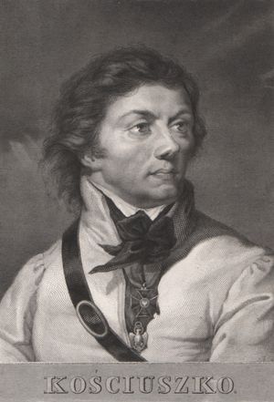 코시치우슈코가 무공 훈장을 착용하고 그 아래에 신시내티 협회의 독수리 깃발을 착용한 모습