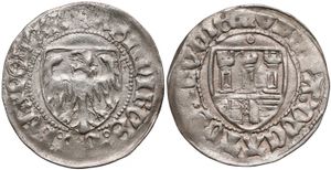 15세기 토룬에서 주조된 데나리우스(데나르) 화폐. 폴란드 백색 독수리가 새겨져 있다.