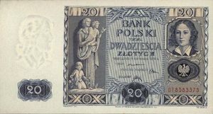 1936년 발행된 20즈워티 지폐, 에밀리아 플라테르의 초상이 그려져 있다.