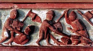 독일 기사단 기사와 싸우는 리투아니아인 (말보르크 성 릴리프, 14세기)