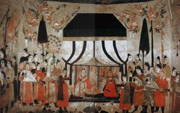 북제 시대(서기 571년)에 제작된 산시성 타이위안의 쉬셴슈 무덤 벽화. 남성 궁정 음악가들이 류친 또는 비파와 같은 현악기를 연주하고 있고, 한 여성은 공후(하프)를 연주하고 있다.