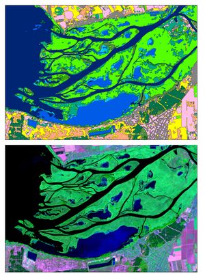 드니프르 삼각주를 나타낸 지도(상단)와 2015년 8월 8일에 촬영된 인공위성 사진