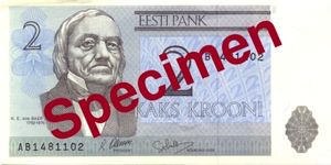 에스토니아 은행에서 발행한 2크론 지폐에 그려진 베어의 초상