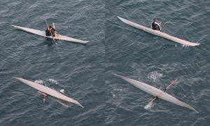 이누이트인이 카아나크 해역에서 카약 기술을 시연하고 있다.