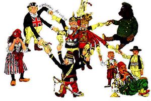 19세기 후반 유럽 동맹 관계를 묘사한 만화. 독일 재상 오토 폰 비스마르크(중앙)가 프랑스(왼쪽의 마리안)를 고립시키려는 외교 정책을 통해 세력 균형을 유지하려 했음을 보여준다.