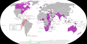 대영제국의 지도. 19세기부터 20세기 전반까지 영국은 초강대국이었으며, 유럽 대륙의 세력 균형 유지에 큰 영향을 미쳤다.