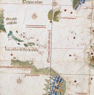 1502년 칸티노 지도집의 세부 정보로, 브라질 해안에서 떨어진 "콰레스마" 섬을 보여준다.