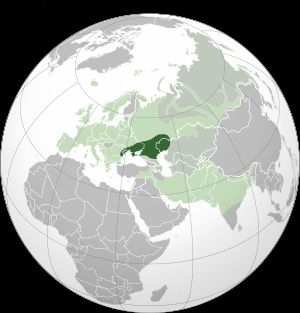 유라시아에서 인도유럽어의 현재 분포(밝은 녹색)와 유력한 원시 인도유럽어의 고향(짙은 녹색)을 보여주는 지도