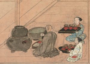 청수사 연기 그림 두루마리 (1517)의 "차 만들기" 부분