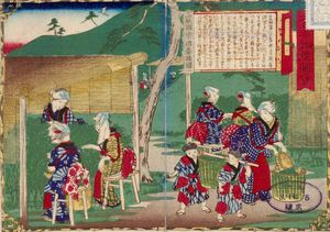 우키요에에 묘사된 교토 우지에서의 차 따기. 히로시게 3세 (1842-1894)의 작품