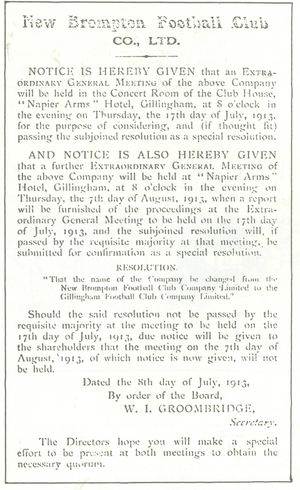 1913년 뉴 브롬턴 축구 클럽이 질링엄 축구 클럽으로 이름을 변경했음을 알리는 문서