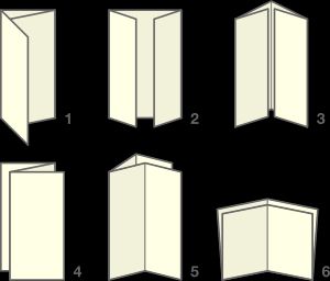 1: 편지/C 3단 접기, 2: 게이트 3단 접기, 3: 롤/더블 게이트폴드, 4: 아코디언 Z자 접기, 5: 더블(평행) 접기, 6: 더블 직각/프렌치 접기