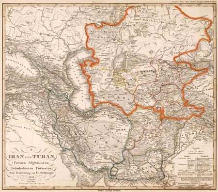 1843년(카자르 왕조)에 제작된 독일의 "이란과 투란 지도". 투란 영토는 주황색 선으로 표시되었다.